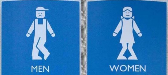 Blue Bathroom Signs With man and woman dancing in place